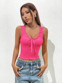 SHEIN EZwear 褶邊前打結短款背心 - 玫紅色 - 查看 3
