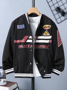 SHEIN Tween Boy Letter Graphic Striped Trim Varsity Jacket Without Tee - Black - View 1