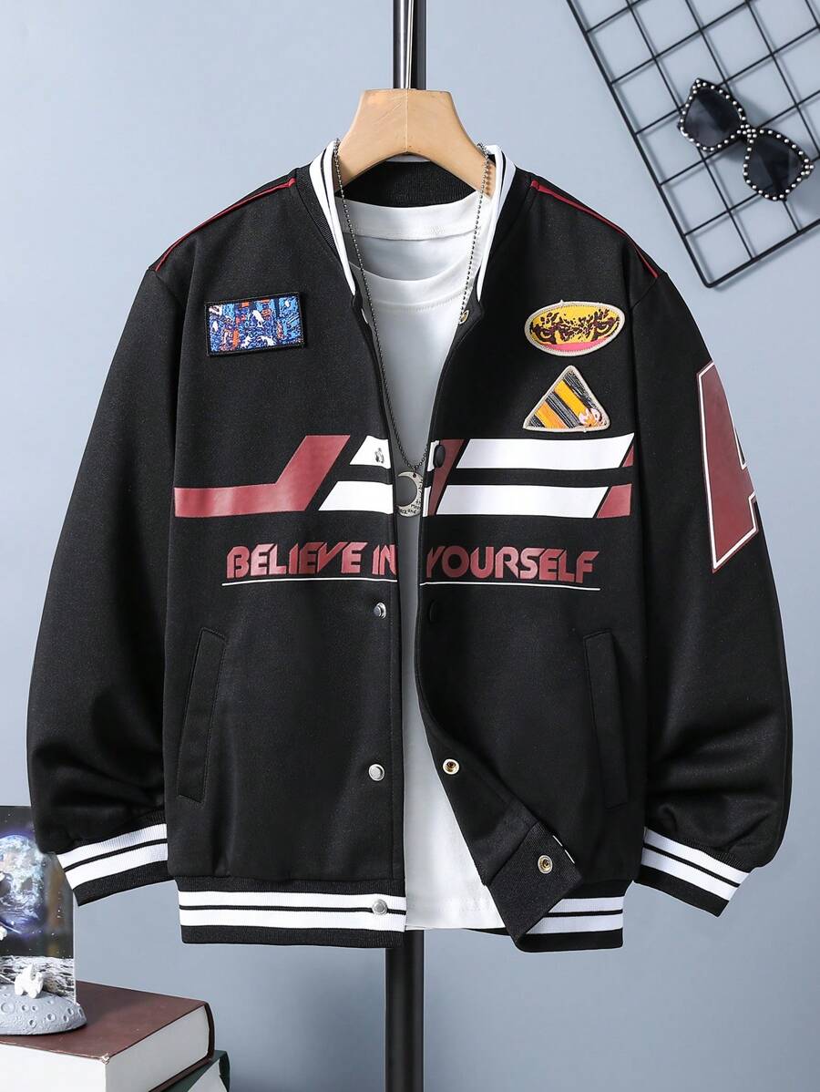 SHEIN Tween Boy Letter Graphic Striped Trim Varsity Jacket Without Tee - Black - View 1