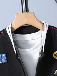 SHEIN Tween Boy Letter Graphic Striped Trim Varsity Jacket Without Tee - Black - View 3