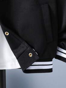 SHEIN Tween Boy Letter Graphic Striped Trim Varsity Jacket Without Tee - Black - View 4