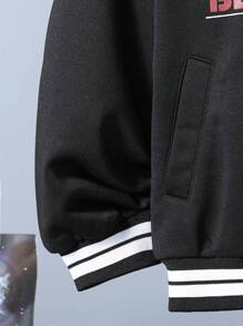 SHEIN Tween Boy Letter Graphic Striped Trim Varsity Jacket Without Tee - Black - View 5