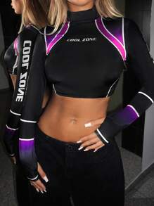 SHEIN ICON Letter Graphic Mock Neck Crop Tee - Multicolor - View 1