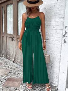 SHEIN LUNE Mono de tirantes unicolor fruncido - Verde Oscuro - Ver 1