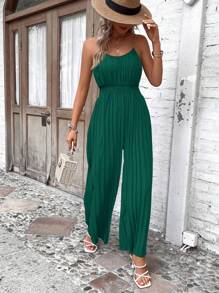 SHEIN LUNE Mono de tirantes unicolor fruncido - Verde Oscuro - Ver 3