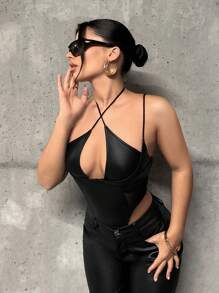 SHEIN ICON Crisscross Ca-vát Backless Chèn lưới chất liệu da PU Áo liền quần dây treo - màu đen - Xem 4
