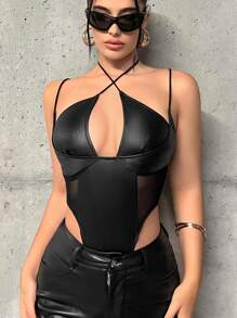 SHEIN ICON Crisscross Ca-vát Backless Chèn lưới chất liệu da PU Áo liền quần dây treo - màu đen - Xem 1