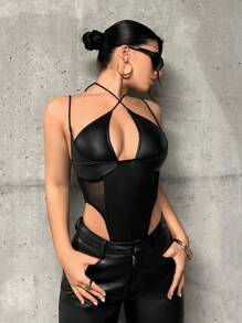 SHEIN ICON Crisscross Ca-vát Backless Chèn lưới chất liệu da PU Áo liền quần dây treo - màu đen - Xem 6