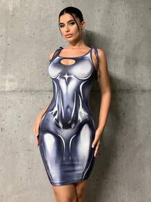 SHEIN ICON 身體熱成像印花肩上打結緊身洋裝 - 彩色 - 查看 4