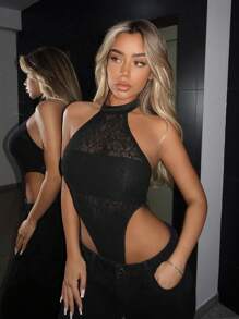 SHEIN ICON 素色高衩繞頸露背蕾絲連身背心 - 黑色 - 查看 1