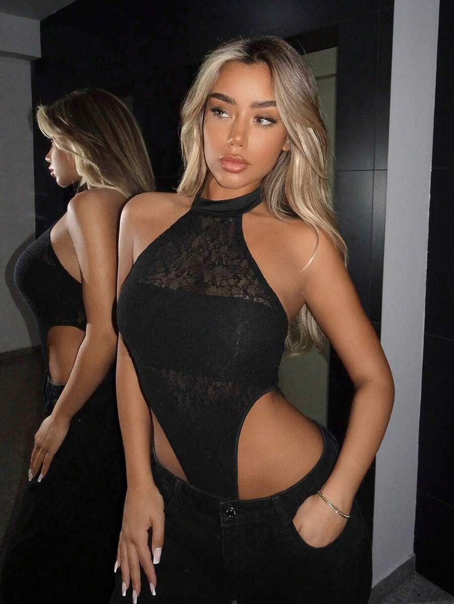 SHEIN ICON 素色高衩繞頸露背蕾絲連身背心 - 黑色 - 查看 1