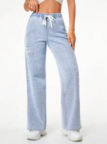SHEIN Essnce Drawstring Waist Ripped Wide Leg Jeans - Light Wash - View 2