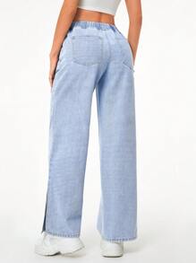 SHEIN Essnce Drawstring Waist Ripped Wide Leg Jeans - Light Wash - View 3