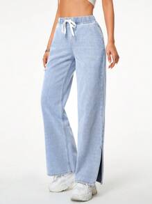 SHEIN Essnce Drawstring Waist Ripped Wide Leg Jeans - Light Wash - View 1