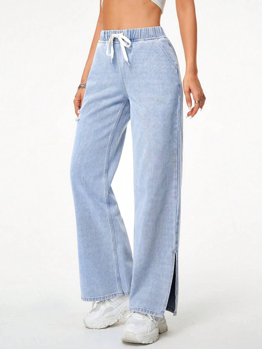 SHEIN Essnce Drawstring Waist Ripped Wide Leg Jeans - Light Wash - View 1