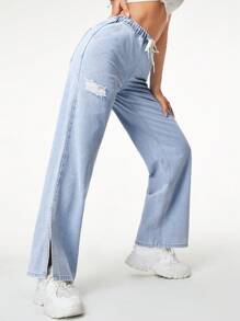 SHEIN Essnce Drawstring Waist Ripped Wide Leg Jeans - Light Wash - View 5