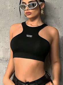 SHEIN ICON Top tank crop con estampado de letra - Negro - Ver 3