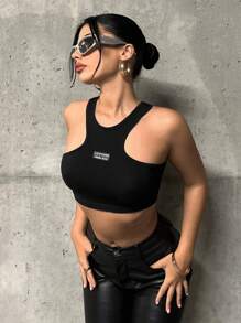 SHEIN ICON Top tank crop con estampado de letra - Negro - Ver 4