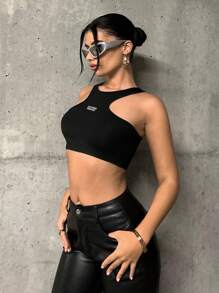 SHEIN ICON Top tank crop con estampado de letra - Negro - Ver 6