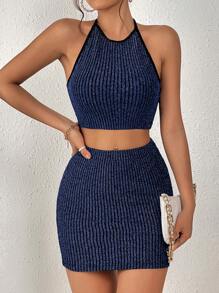 Firerie Tie Backless Crop Halter Top & Bodycon Skirt - Navy Blue - View 3