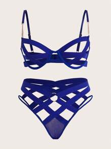 Exotic-Bondage Talla grande Set de lencería con abertura con diseño de cadena con aro - azul real - Ver 1