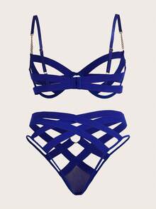 Exotic-Bondage Talla grande Set de lencería con abertura con diseño de cadena con aro - azul real - Ver 2