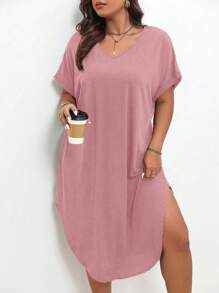 SHEIN LUNE 大碼素色蝙蝠袖弧形下擺T恤連衣裙 - 粉色 - 查看 1