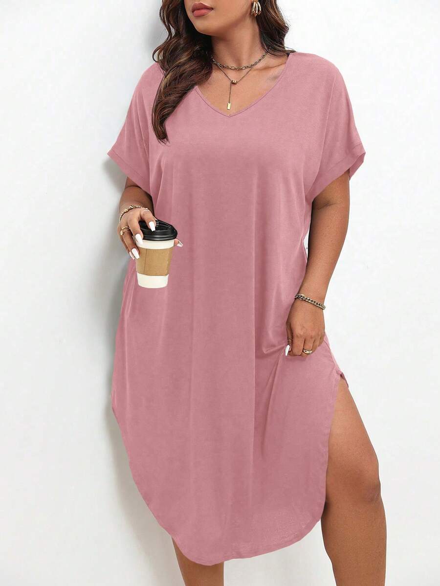 SHEIN LUNE 大碼素色蝙蝠袖弧形下擺T恤連衣裙 - 粉色 - 查看 1