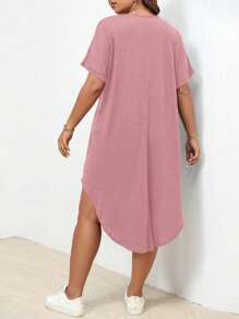 SHEIN LUNE 大碼素色蝙蝠袖弧形下擺T恤連衣裙 - 粉色 - 查看 2