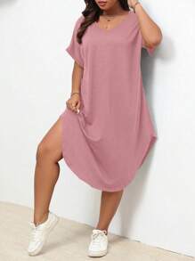 SHEIN LUNE 大碼素色蝙蝠袖弧形下擺T恤連衣裙 - 粉色 - 查看 4