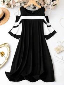 SHEIN Plus Colourblock Cold Shoulder Dress - Black - View 1