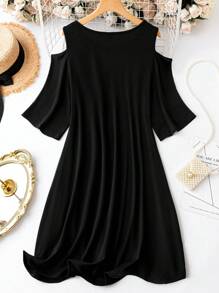 SHEIN Plus Colourblock Cold Shoulder Dress - Black - View 2