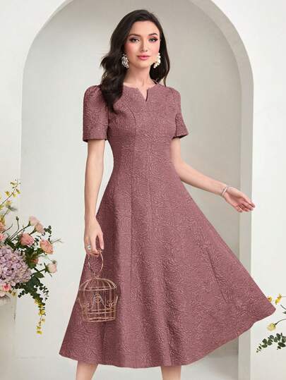 Modelyn 切り替えネックライン パフスリーブ ロングドレス