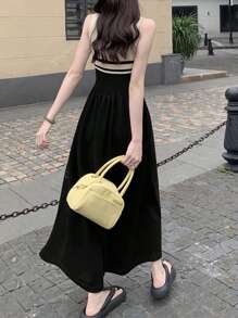Summer Contrast Color Round Neck Zipper Sleeveless Knitted Dress