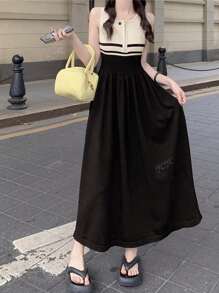 Summer Contrast Color Round Neck Zipper Sleeveless Knitted Dress