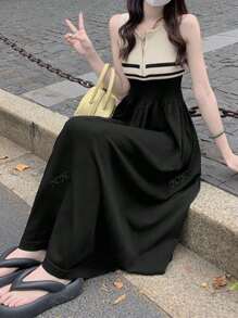 Summer Contrast Color Round Neck Zipper Sleeveless Knitted Dress