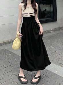 Summer Contrast Color Round Neck Zipper Sleeveless Knitted Dress