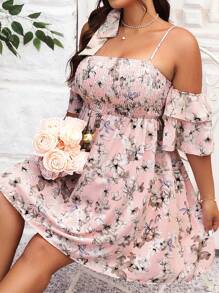 SHEIN Holidaya 大碼印花挖肩連衣裙 - 粉色 - 查看 4