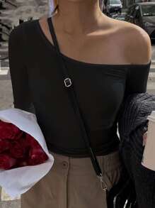 DAZY 纯色不对称领口 T 恤，秋季服装，返校服装长袖女式上衣 - 黑色 - 查看 2