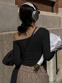 DAZY 纯色不对称领口 T 恤，秋季服装，返校服装长袖女式上衣 - 黑色 - 查看 3