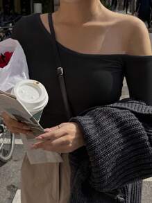 DAZY 纯色不对称领口 T 恤，秋季服装，返校服装长袖女式上衣 - 黑色 - 查看 4