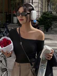 DAZY 纯色不对称领口 T 恤，秋季服装，返校服装长袖女式上衣 - 黑色 - 查看 5