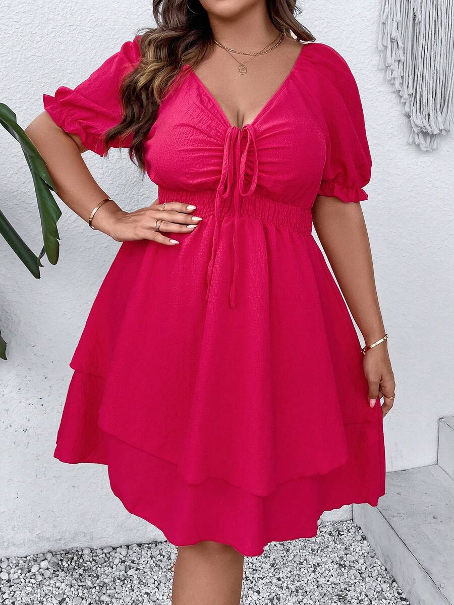 SHEIN Franclia Đầm Plus Size Dây kéo phân lớp Dải chun màu trơn Giải trí - Màu Hồng Tươi - Xem 1