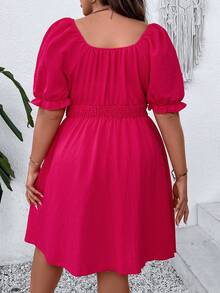 SHEIN Franclia Đầm Plus Size Dây kéo phân lớp Dải chun màu trơn Giải trí - Màu Hồng Tươi - Xem 2