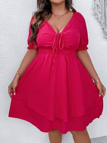SHEIN Franclia Đầm Plus Size Dây kéo phân lớp Dải chun màu trơn Giải trí - Màu Hồng Tươi - Xem 3