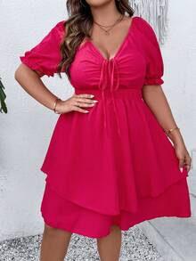 SHEIN Franclia Đầm Plus Size Dây kéo phân lớp Dải chun màu trơn Giải trí - Màu Hồng Tươi - Xem 4