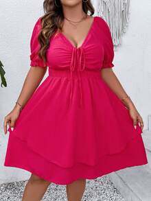 SHEIN Franclia Đầm Plus Size Dây kéo phân lớp Dải chun màu trơn Giải trí - Màu Hồng Tươi - Xem 6