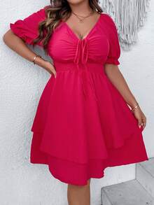 SHEIN Franclia Đầm Plus Size Dây kéo phân lớp Dải chun màu trơn Giải trí - Màu Hồng Tươi - Xem 8