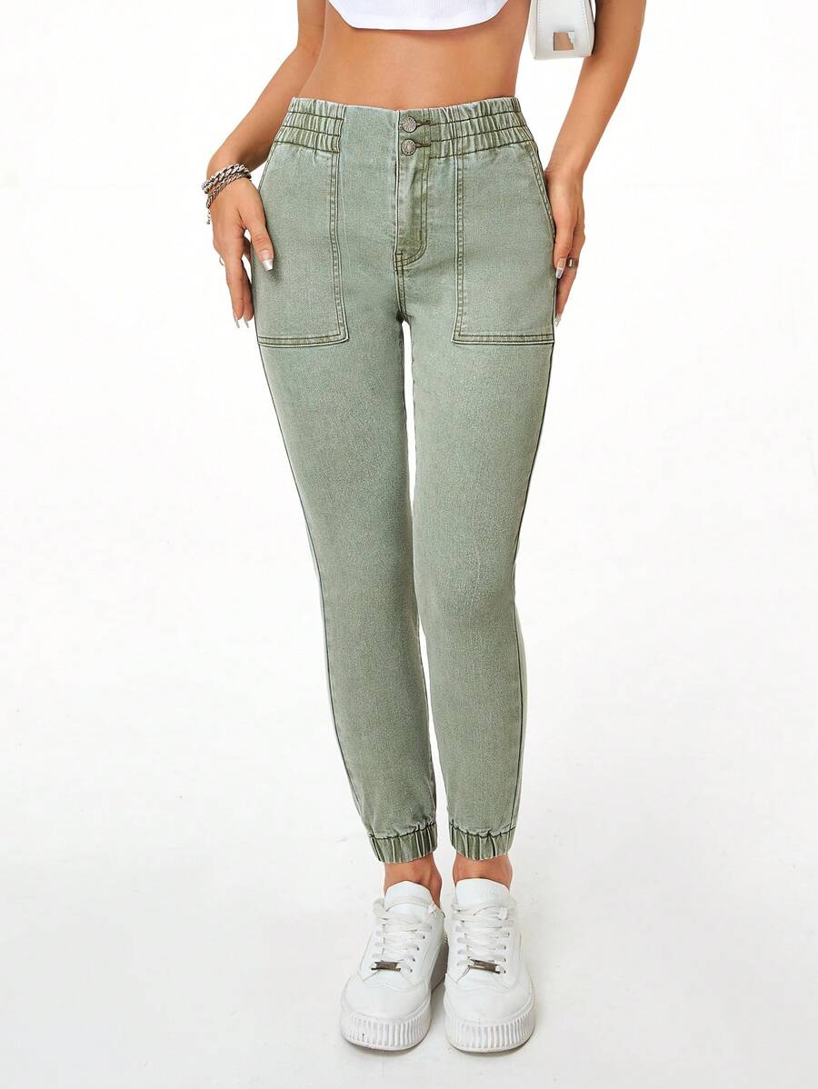 SHEIN Essnce 素色緊身牛仔褲 - 綠色 - 查看 1