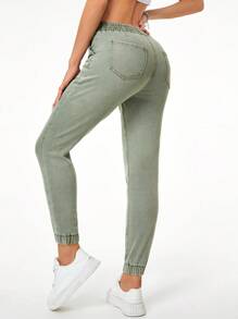 SHEIN Essnce 素色緊身牛仔褲 - 綠色 - 查看 3